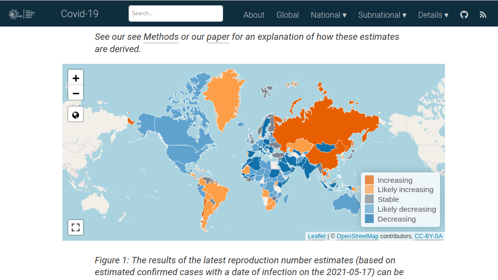 Screenshot of the COVID-19 website dashboard with a world map annotated with colors indicating the trend of COVID infections in different regions