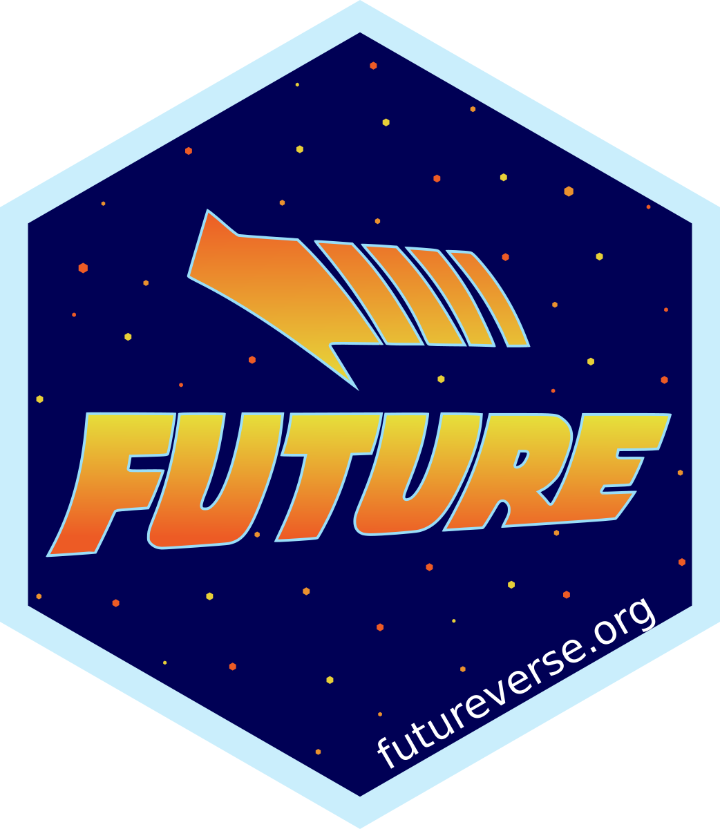 The hexlogo of the future package. A left-facing arrow with the text future underneath - both in bold style filled with yellow-to-orange vertical gradient. The background is dark blue with teeny star-shaped symbols in distance resembling looking deep out in the universe. The hexlogo is surrounded by a light-blue border.