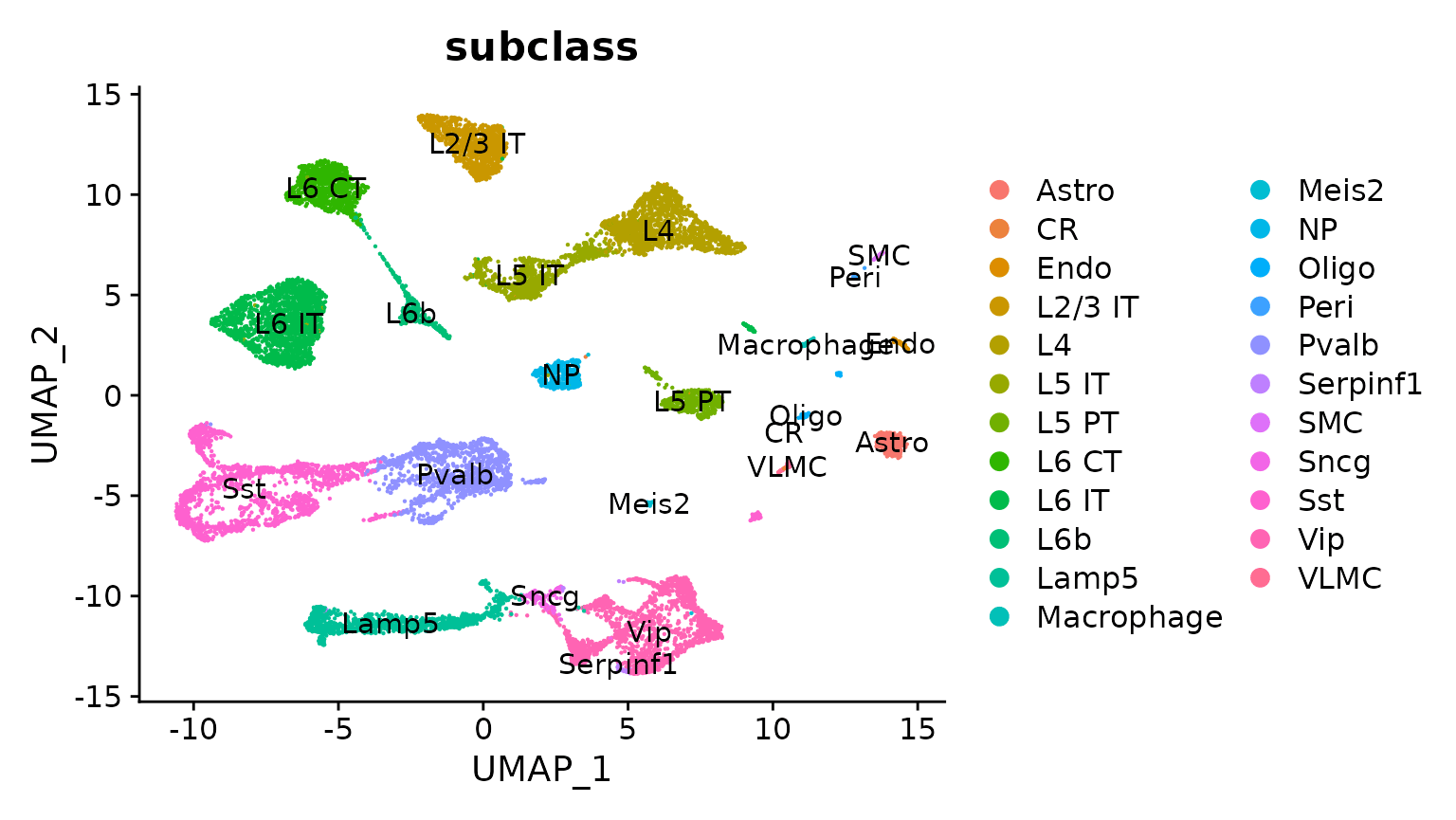 A two-dimensional, UMAP-space, scatter plot displaying individual cells grouped into 23 well-separated subclasses that are color and label annotated.
